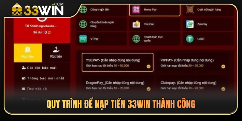 Các bước nạp tiền 33WIN chi tiết từ A đến Z 